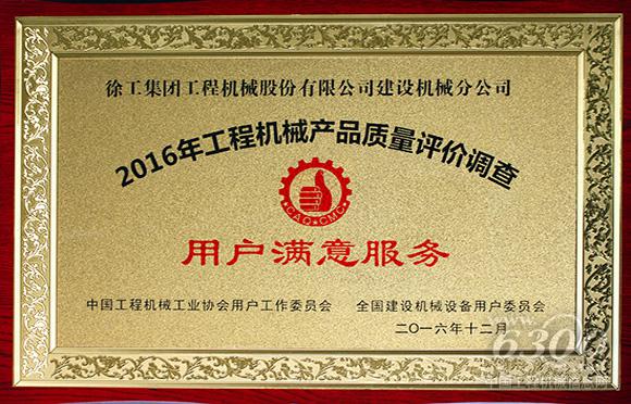 徐工<a href=//product.d1cm.com/qizhongji/ target=_blank>起重机械</a><a href=//product.d1cm.com/lvdaidiao/ target=_blank>履带起重机</a>板块和塔机板块分别荣获“产品质量全国用户满意奖”和“用户满意服务奖”。